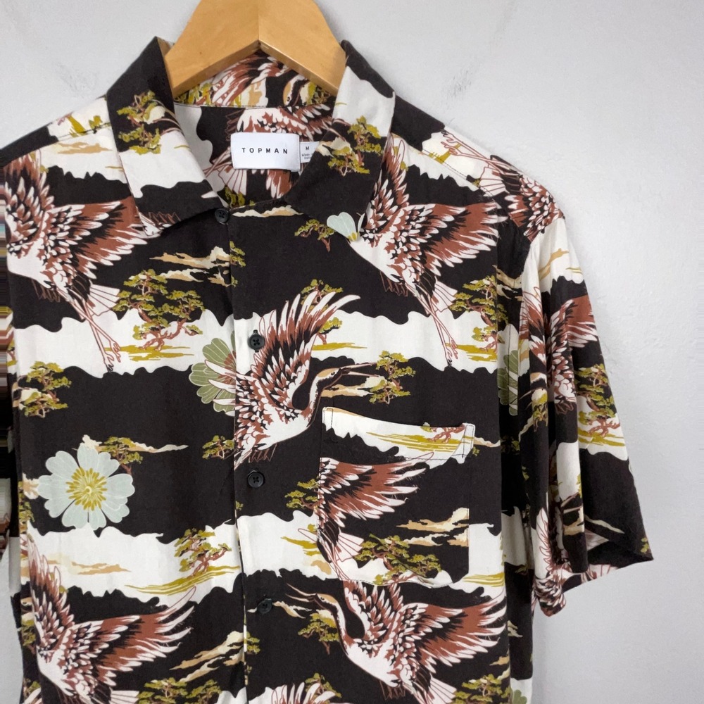 Topman Shirt Mens M Crane Print Short Sleeve Button Up Loop Collar Heron Camp